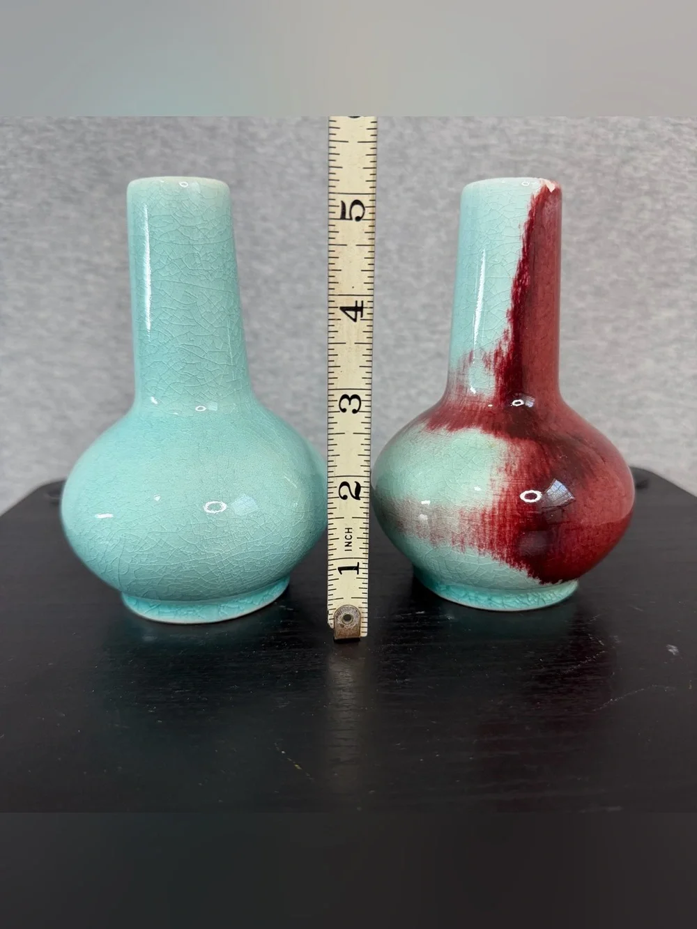 Vintage Chinese Jingdezhen Flambé Oxblood Celadon Crackle Vases Pair Blue Mark